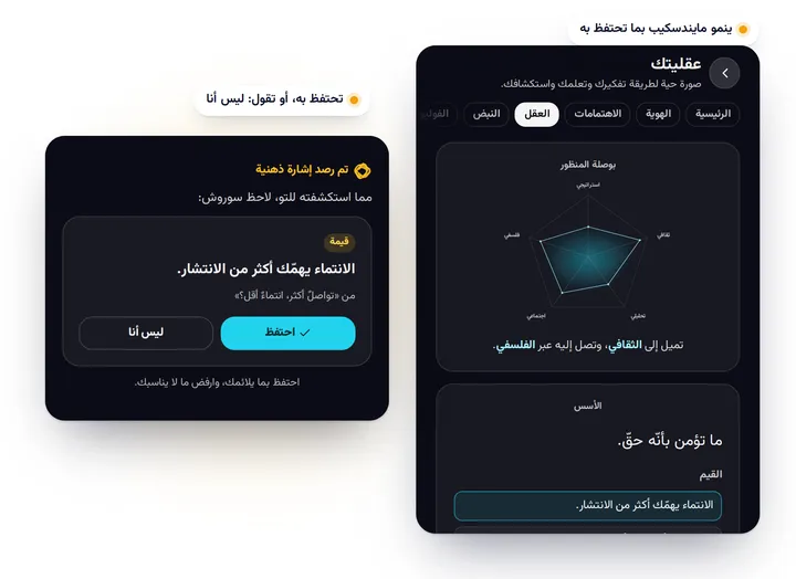 رسم توضيحي: المايندسكيب مع رادار المنظورات، ورؤية لاحظها سروش يمكنك الاحتفاظ بها أو رفضها.
