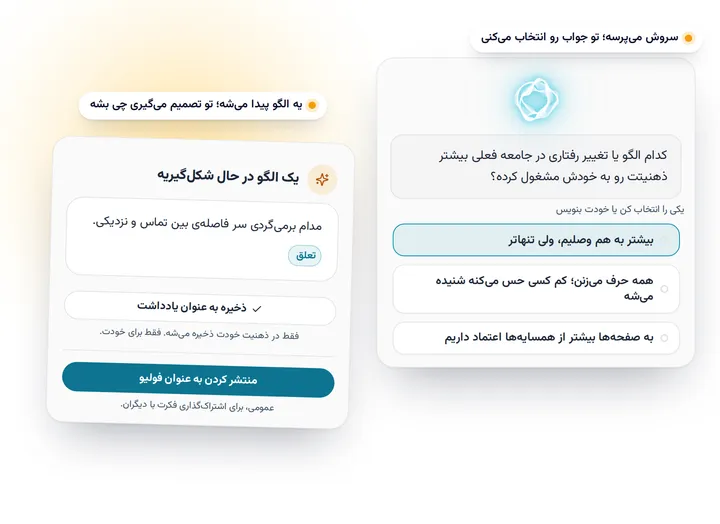 تصویرسازی: سؤال سروش با جوابها، و الگویی که سروش متوجهش شده و میتونی بهعنوان یادداشت نگهش داری یا منتشرش کنی.