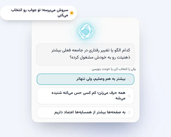 تصویرسازی: سروش یه سؤال میپرسه و چند جواب برای انتخاب پیشنهاد میده.